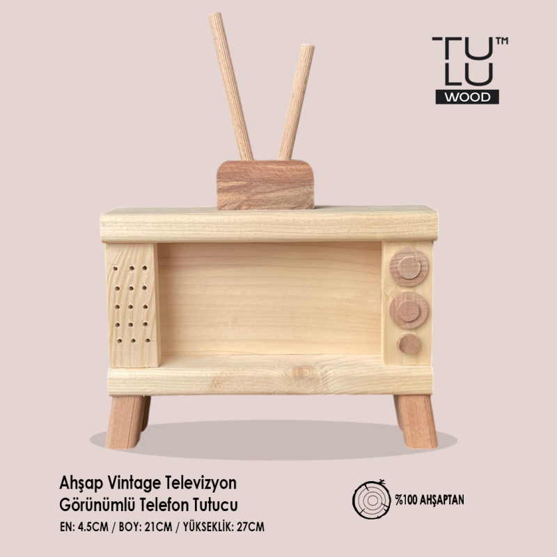Ahşap Vintage Televizyon Görünümlü Telefon Tutucu 