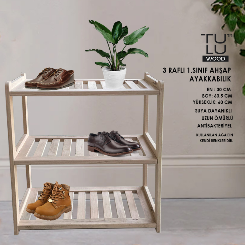 Ahşap Dekoratif 3'lü Doğal Ahşap Ayakkabılık