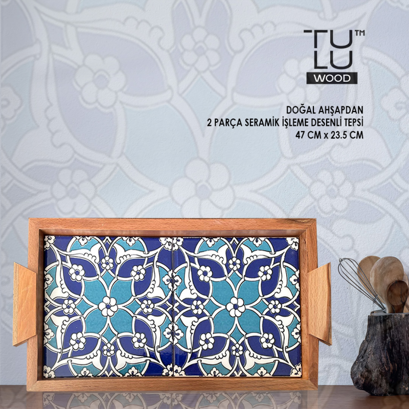 AHŞAP TEPSİ 47X23,5 CM MAVİ DESENLİ SERAMİK DEKORATİF 