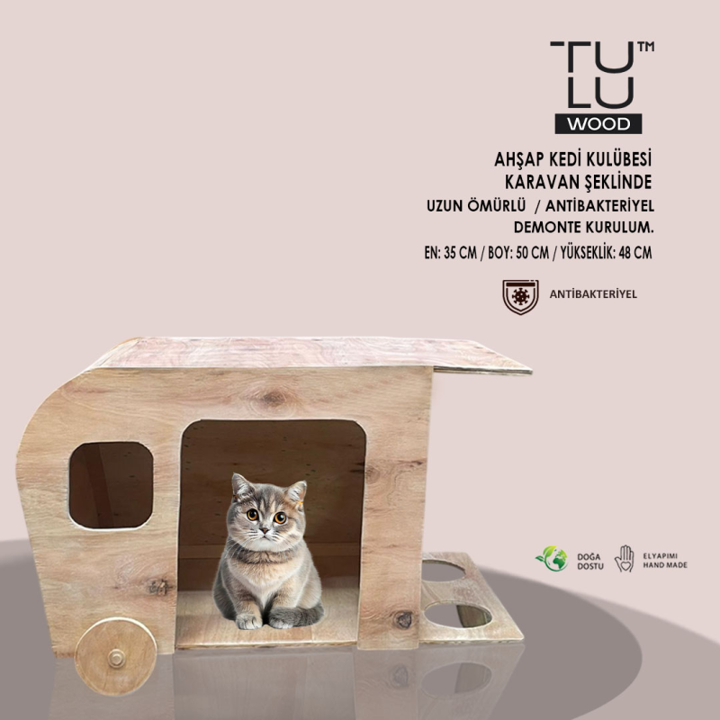 AHŞAP KEDİ KULÜBESİ KARAVAN ŞEKLİNDE