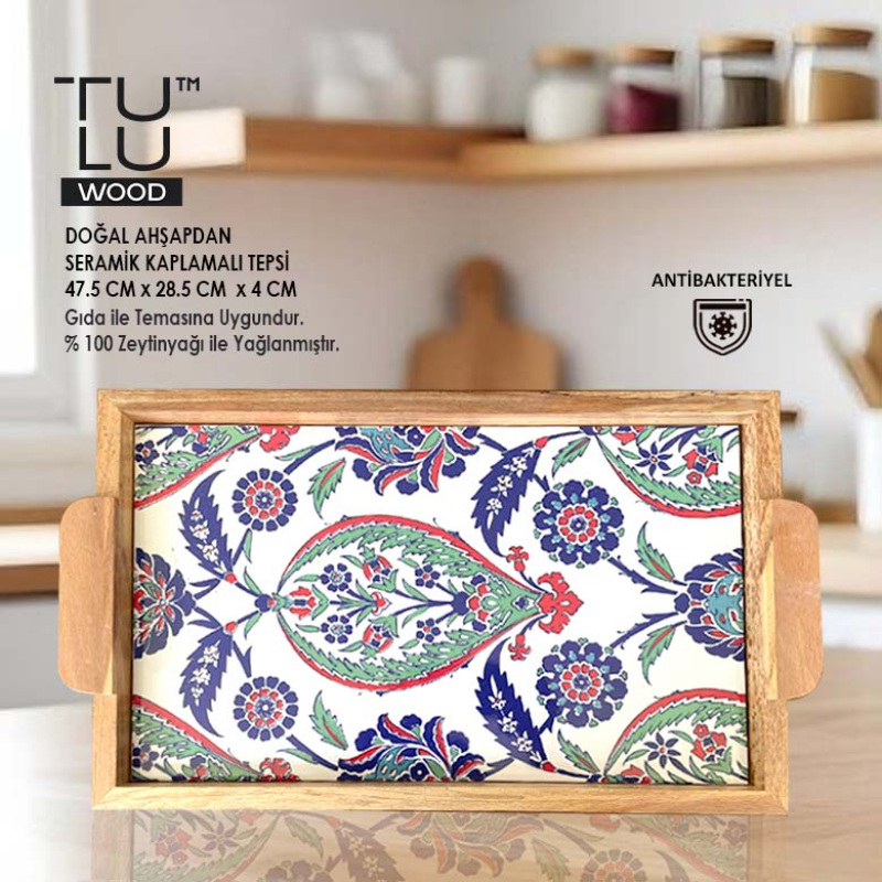 AHŞAP TEPSİ 47.5X28,5 CM ÇİNİ DESENLİ SERAMİK DEKORATİF