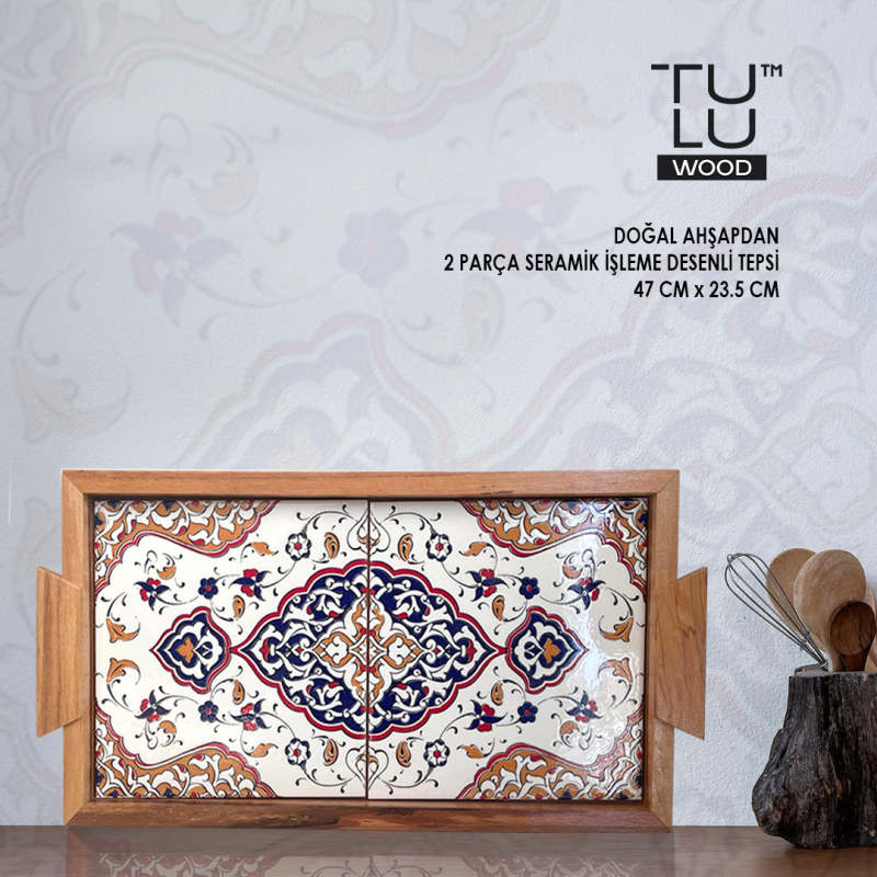 AHŞAP TEPSİ 47X23,5 CM SERAMİK DEKORATİF
