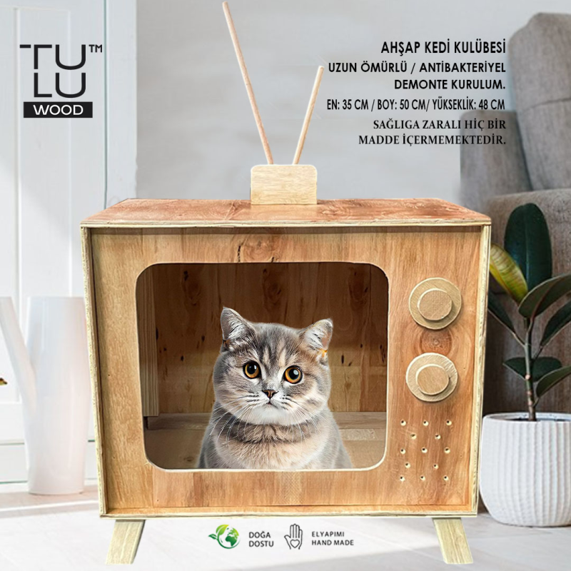 AHŞAP KEDİ KULÜBESİ TV ŞEKLİNDE