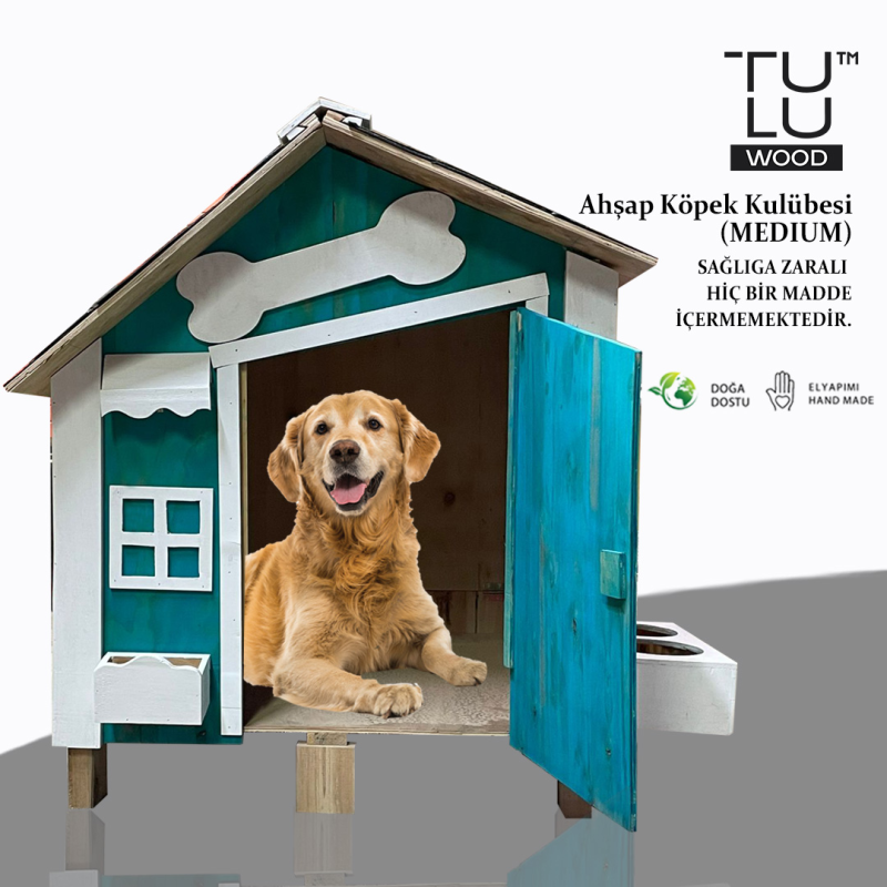 Ahşap Medium Boy Köpek Kulübesi Dış Mekan Köpek Kulübesi Turkuaz
