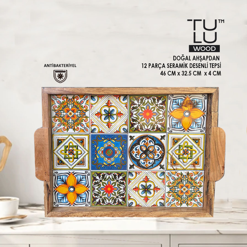 DOĞAL AHŞAPDAN  12 PARÇA SERAMİK DESENLİ TEPSİ 46 CM x 32.5 CM