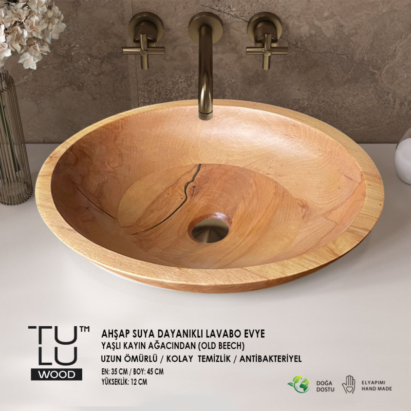 AHŞAP SUYA DAYANIKLI LAVABO / EVYE TEZGAH ÜSTÜ YUVARLAK
